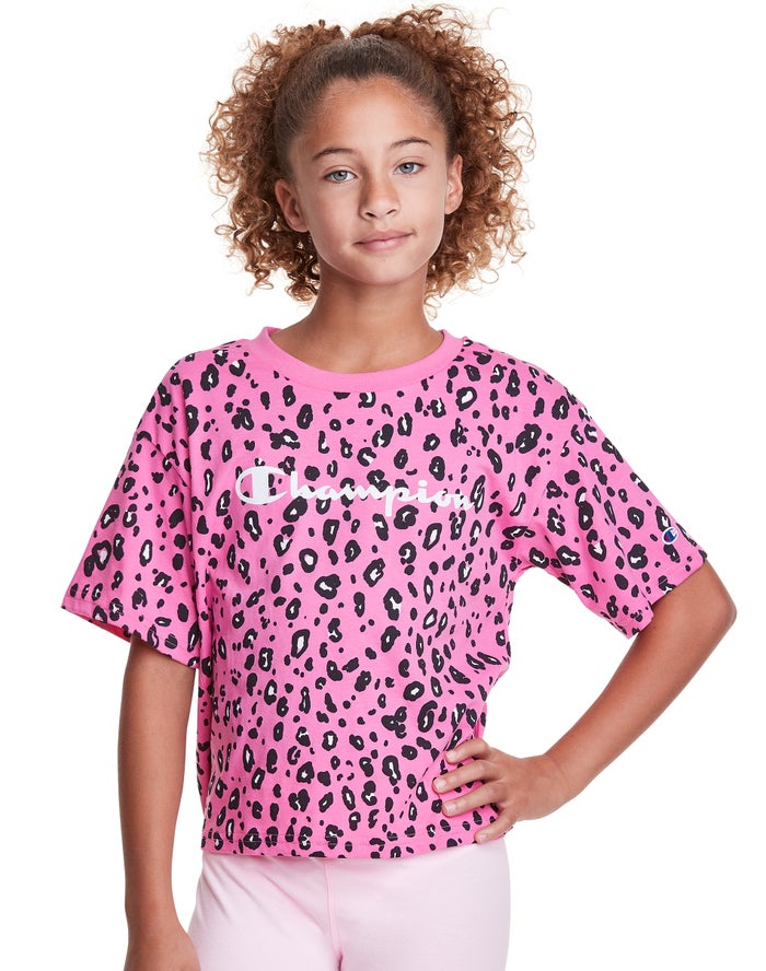 Champion Pige T-Shirts Pink/Sort - Boxy Leopard Print - Danmark PDK-754139